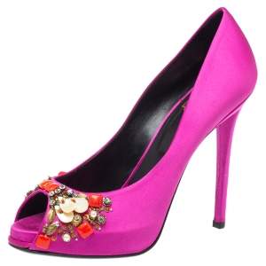 Roger Vivier Pink Satin Fuschia Embellished Peep Toe Pumps Size 39