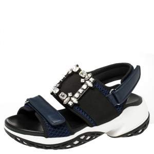 Roger Vivier Blue Leather And Mesh Viv Run Strass Buckle Sandals Size 38