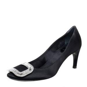 Roger Vivier Black Satin Crystal Embellished  Pumps Size 36.5