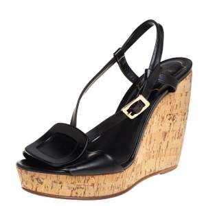Roger Vivier Black Leather Cork Wedge Sandals Size 35.5