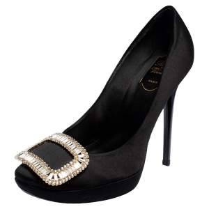 Roger Vivier Black Satin Limelight Buckle Embellished Platform Pumps Size 38