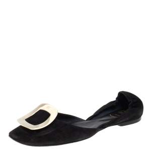 Roger Vivier Black Suede Chips D'Orsay Buckle Flats Size 38