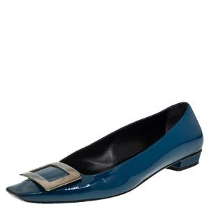 Roger Vivier Teal Blue Patent Leather Trompette Ballet Flats Size 38.5