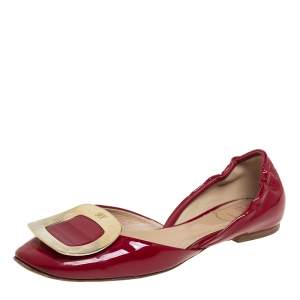 Roger Vivier Red Patent Leather Chips D'Orsay Buckle Flats Size 35.5