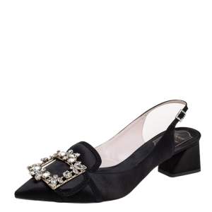 Roger Vivier Black Satin Buckle Slingback Pumps Size 39