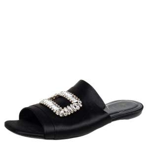 Roger Vivier  Black Satin Slip On Embellished Flat Sandals Size 40
