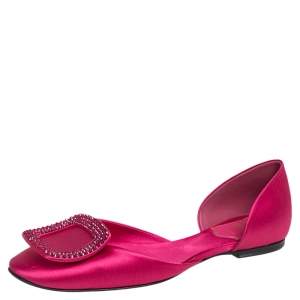 Roger Vivier Pink Satin Crystal Embellished Buckle Flats Size 35.5
