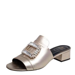 Roger Vivier Gold Leather Crystal Embellished Open Toe Block Heel Slide Sandals Size 39