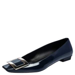 Roger Vivier  Navy Blue Patent Leather Trompette Ballet  Flats Size 36