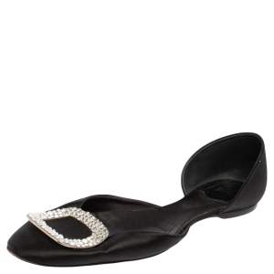 Roger Vivier Black Satin Chips Strass D' Orsay Ballet Flats Size 40.5