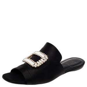 Roger Vivier Black Satin Tiffany Buckle Flat Slides Size 38.5