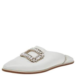 Roger Vivier White Leather Crystal Embellished Loafers Size 36.5