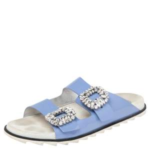 Roger Vivier Blue Patent Leather Slidy Viv Buckle Mule Sandals Size 40
