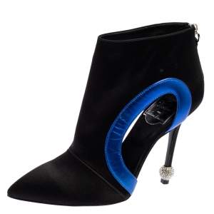 Roger Vivier Black-Blue Satin Embellished Heel Pointed Toe Ankle Boots Size 36