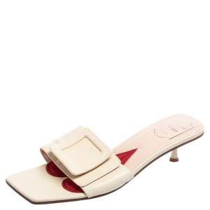 Roger Vivier Cream Leather Covered Buckle Mules Size 41
