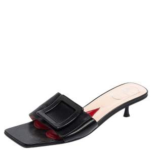 Roger Vivier Black Leather Covered Buckle Mules Size 41