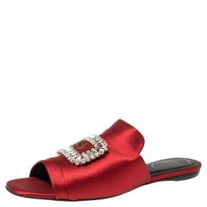 Roger Vivier Red Satin Crystal Embellished Flat Sandals Size 40