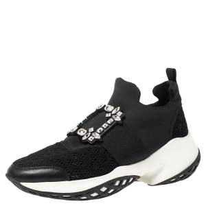 Roger Vivier Black Leather And Fabric Sneaky Viv Crystal Embellished Slip On Sneakers Size 40