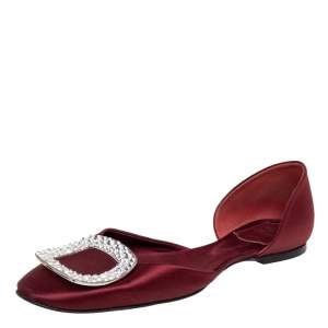 Roger Vivier Wine Red Satin Trompette Crystals D' Orsay Ballet Flats Size 37
