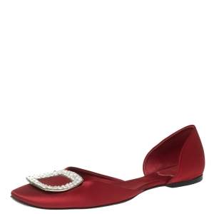 Roger Vivier Red Satin Crystal Embellished Chip Ballet Flats Size 40
