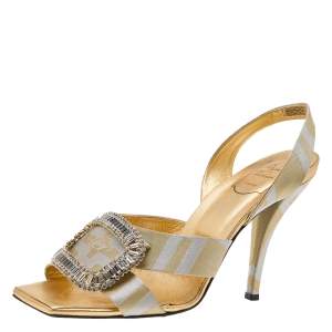 Roger Vivier Gold/Silver Lurex Fabric Crystal Embellished Slingback Sandals Size 40