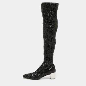 Roger Vivier Black Sequins Polly Over The Knee Mirror Block Heel Boots Size 39