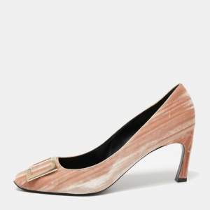 Roger Vivier Light Pink Textured Velvet Buckle Pumps Size 40