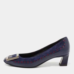 Roger Vivier Navy Blue Laser Cut Suede and Leather Trompette Pumps Size 35