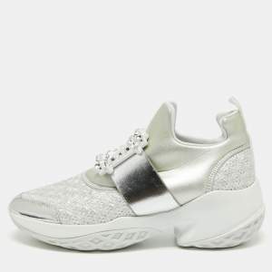 Roger Vivier Silver  Fabrics  And Leather Viv' Run Strass Buckle Sneakers Size 40.5