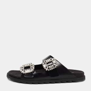 Roger Vivier Black Leather Crystal Embellished Buckle Slide Sandals Size 41  