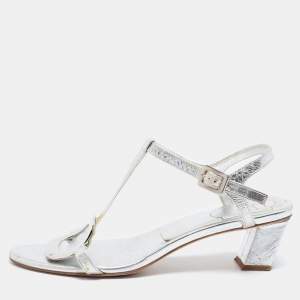Roger Vivier Silver Metallic Silver Leather Ankle Strap Sandals Size 37