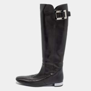 Roger Vivier Black Leather Buckle Knee Length Boots Size 38