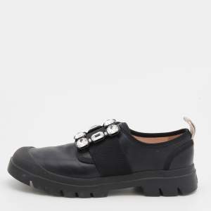 Roger Vivier Black Leather Crystal Buckle Walky Viv' Slip On Sneakers Size 38