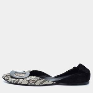 Roger Vivier Black/White Lace And Suede Chips D'orsay Buckle Flats Size 39