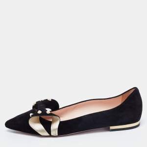 Roger Vivier Black Suede Lolita Pearl Embellished Bow Ballet Flats Size 38