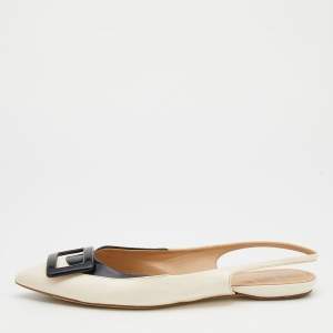 Roger Vivier Off-White/Black Leather Flat Slingback Sandals Size 39