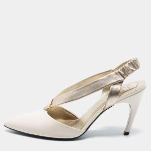 Roger Vivier Cream/Gold Leather V Type Pointed Toe Slingback Pumps Size 40