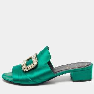 Roger Vivier Green Satin Tiffany Slide Sandals Size 40