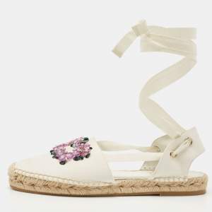 Roger Vivier White Canvas Embellished Lace Up Espadrille Flats Size 39