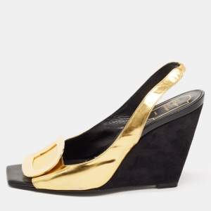 Roger Vivier Gold Leather Buckle Wedge Slingback Sandals Size 39.5