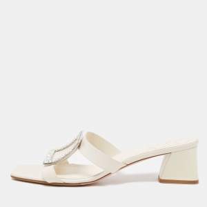 Roger Vivier Off White Leather Crystal Embellished Slide Sandals Size 42