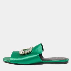 Roger Vivier Green Satin Crystal Embellished Flat Sandals Size 38.5