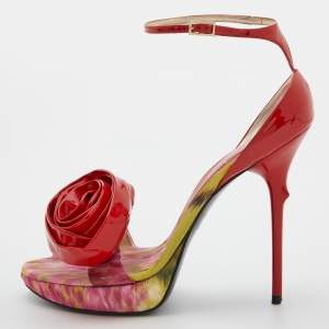Roger Vivier Red/Pink Satin and Patent Leather Flower Detail Ankle Strap Sandals Size 39