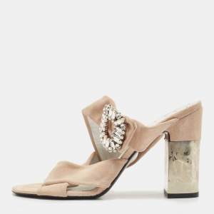 Roger Vivier Beige Suede Crystal Embellished Buckle Slide Sandals Size 39