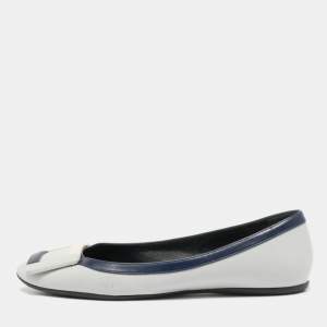 Roger Vivier Grey Leather Buckle Detail Square Cap Toe Ballet Flats Size 37