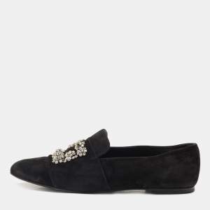 Roger Vivier Black Suede and Crystal Flower Strass Loafers Size 40