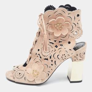 حذاء بوت للكاحل روجر فيفييه سويدي بيج بقصات ليزر مزخرف كعب مربع سميك مقاس 39