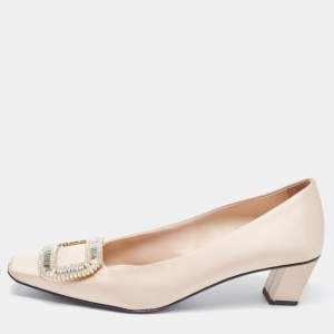 Roger Vivier Beige Satin Crystal Embellished Pointed Toe Pumps Size 37.5