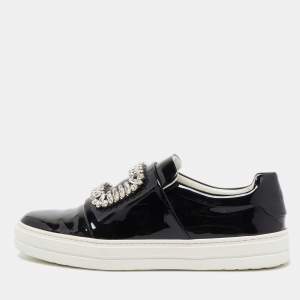 Roger Vivier Black Patent Leather Sneaky Viv Crystal Embellished Slip On Sneakers Size 38