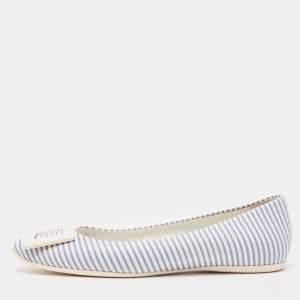 Roger Vivier White/Blue Striped Leather Gommette Ballet Flats Size 37